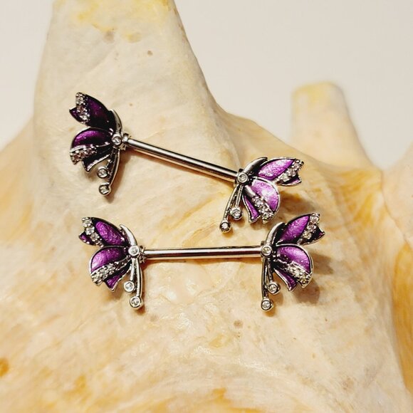 Pair of 14G bunny ends surgical steel nipple bars with pink CZ gems - Picture 4 of 6